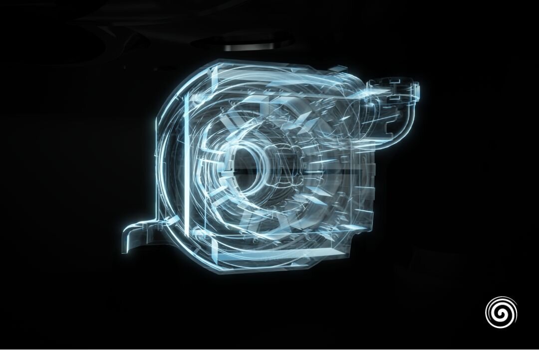 ZMYWARKA HISENSE HV543D10 Wizualizacja wewnętrznej konstrukcji podświetlonej na niebiesko pompy lub silnika zmywarki na czarnym tle, symbolizująca wydajny i cichy napęd