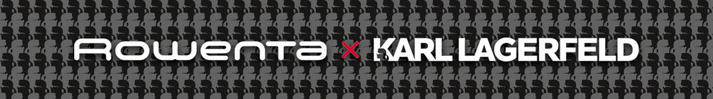Czarne tło z powtarzającym się wzorem sylwetek, na którym widnieje biały napis \'Rowenta x Karl Lagerfeld\'.