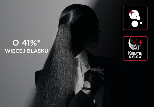 Czarno-białe zdjęcie przedstawia osobę z długimi, lśniącymi włosami. Obok widoczny jest tekst \'O 41%* WIĘCEJ BLASKU\' oraz ikony z napisami \'KERATIN & GLOW\'.