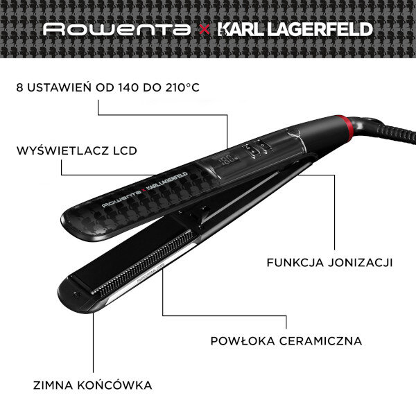 Prostownica z logo \'ROWENTA x KARL LAGERFELD\' posiada wyświetlacz LCD, funkcję jonizacji, powłokę ceramiczną i zimną końcówkę. Na obrazie widoczne są napisy: \'8 USTAWIEŃ OD 140 DO 210°C\', \'WYŚWIETLACZ LCD\', \'FUNKCJA JONIZACJI\', \'POWŁOKA CERAMICZNA\', \'ZIMNA KOŃCÓWKA\'.