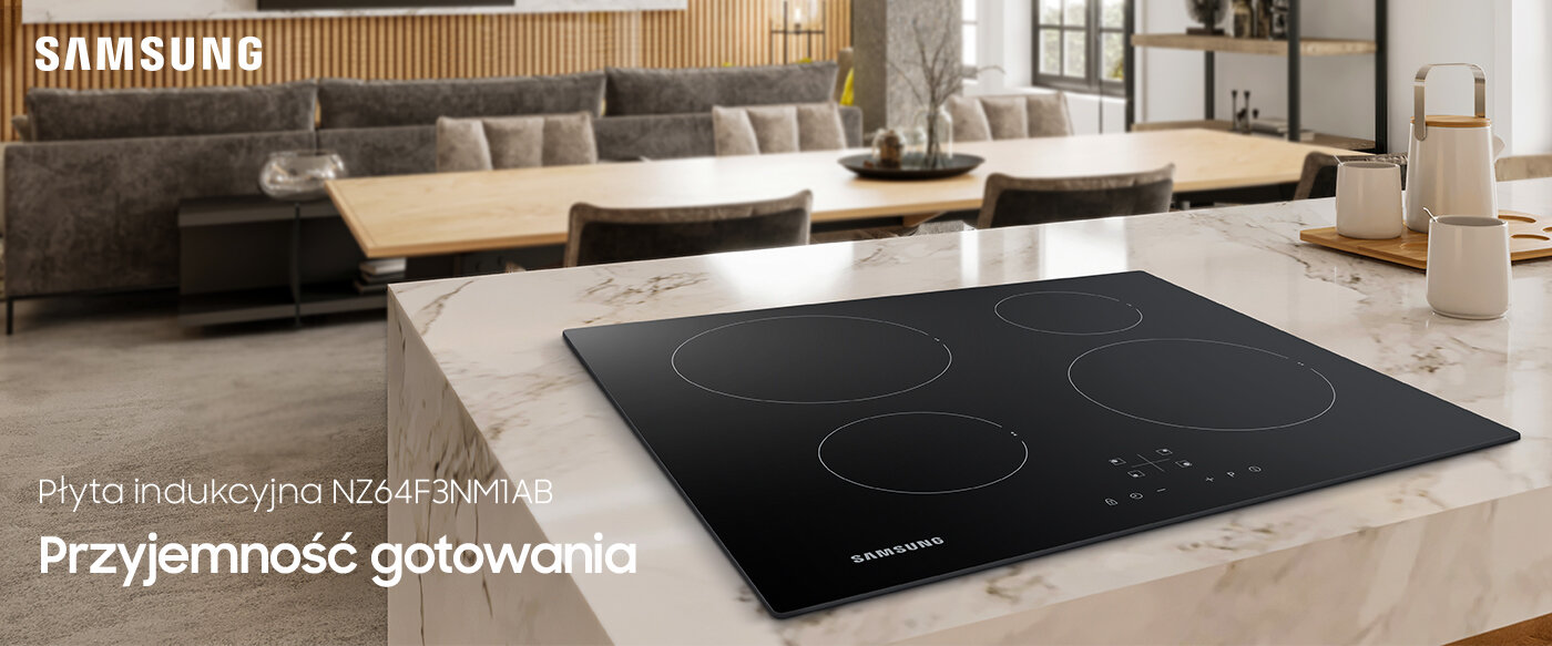 Płyta indukcyjna Samsung NZ64F3NM1AB na marmurowym blacie 