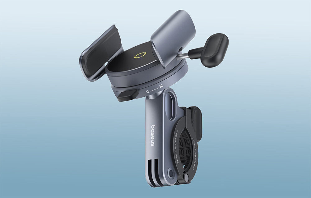 Uchwyt na telefon do roweru BASEUS PrimeTrip Magnetyczny C40569000121-00 Szaro-czarny, Trwałość i stabilność, Uchwyt zaprezentowany od frontu pewo skos w całej okazałości