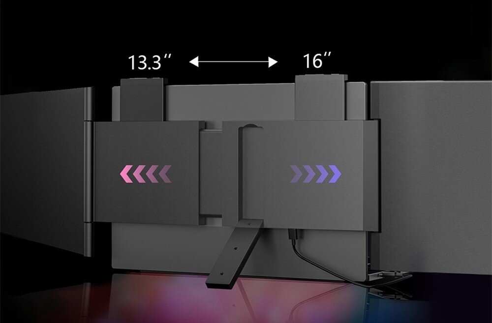 Monitor ZEUSLAP ZB14 Tył urządzenia z wysuwaną płytą tylną, pokazany zakres regulacji od 13,3 do 16 cali, podpórka, regulacja, ramka