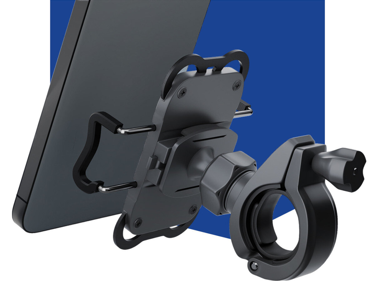 Czarny uchwyt na telefon do roweru z solidnym mocowaniem i regulowanymi ramionami. W tle widoczny jest niebieski prostokąt.