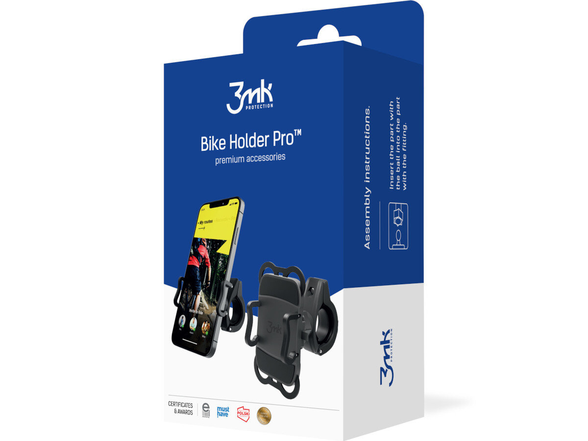 Opakowanie produktu 3mk Bike Holder Pro z widocznym uchwytem na telefon do roweru w kolorze czarnym. Na opakowaniu znajduje się tekst: \'3mk Protection\', \'Bike Holder Pro premium accessories\', oraz instrukcje montażu po angielsku.