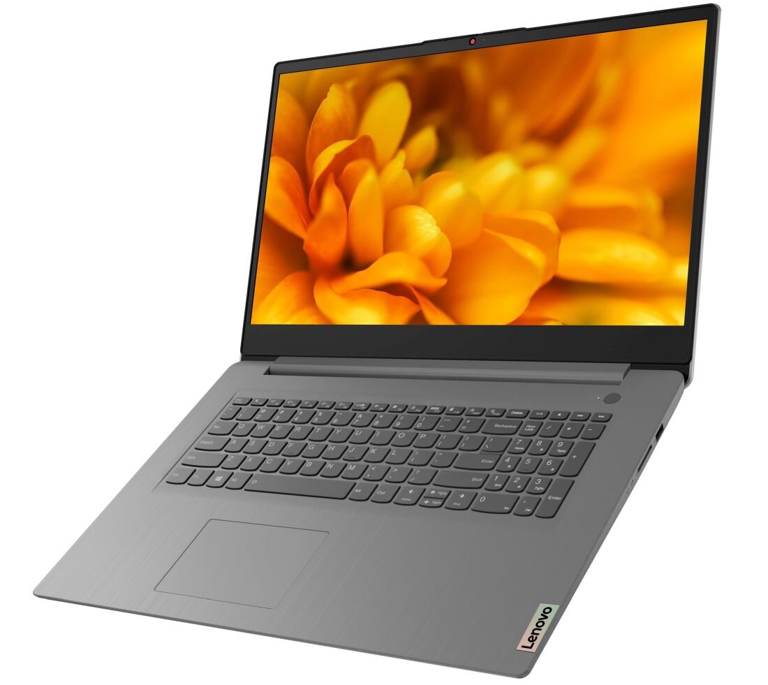 Laptop z dużym ekranem wyświetlającym żółte kwiaty. Na obudowie widoczne jest logo \'Lenovo\'.