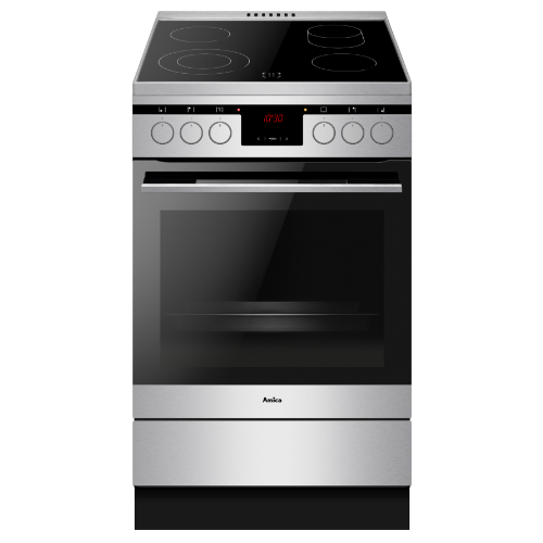 Kuchnia wolnostojąca z płytą ceramiczną i piekarnikiem, posiada cztery pola grzewcze oraz elektroniczny wyświetlacz z czerwonymi cyframi. Na froncie widoczne są pokrętła do regulacji oraz logo Amica.
