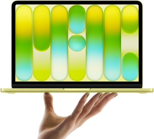 MacBook Neo w&nbsp;kolorze cytrusowożółtym, leżący na&nbsp;palcach otwartej dłoni, na&nbsp;ekranie widać kolorowy abstrakcyjny wzór