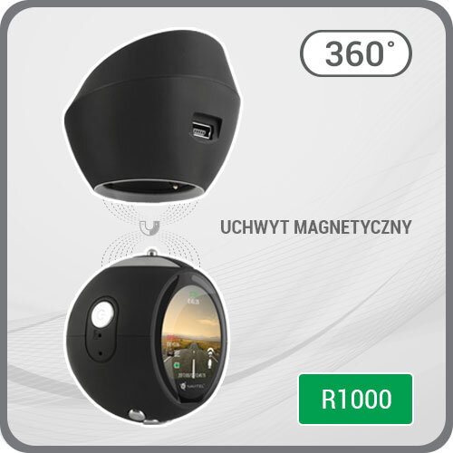 Obraz przedstawia czarny wideorejestrator z uchwytem magnetycznym, oznaczony jako R1000. Widoczny jest napis \'360°\' oraz \'UCHWYT MAGNETYCZNY\'.