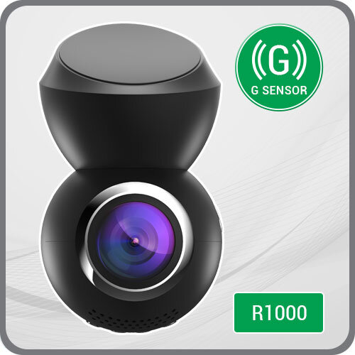 Obraz przedstawia czarny wideorejestrator o nowoczesnym designie z widocznym obiektywem. Na obrazie znajdują się napisy: \'G SENSOR\' oraz \'R1000\'.