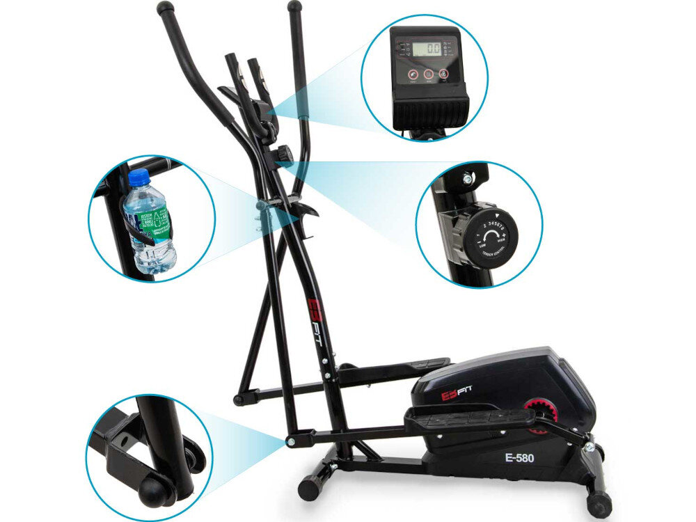 Na zdjęciu znajduje się orbitrek magnetyczny z czarną ramą i wyświetlaczem cyfrowym. Widoczne są również szczegóły takie jak uchwyt na butelkę, pokrętło regulacji oporu oraz kółka transportowe.