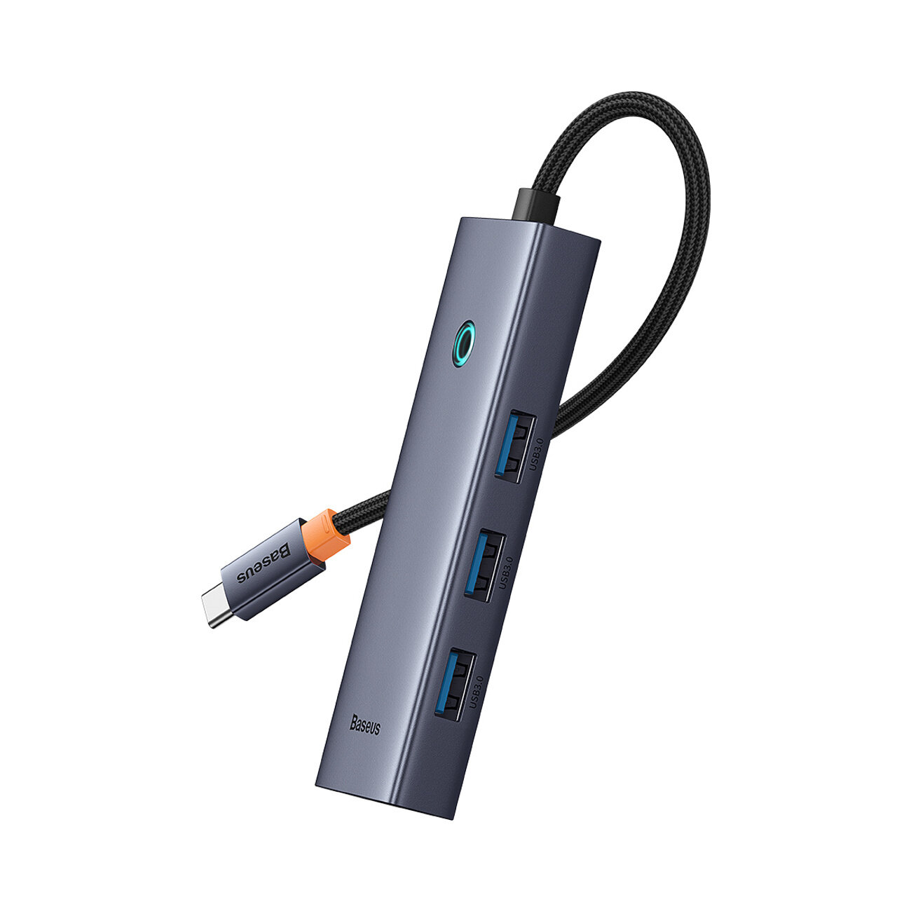 Na obrazie widoczny jest kompaktowy hub Baseus z czterema portami USB-A 3.0 i jednym portem HDMI. Urządzenie ma ciemnoszary kolor i krótki kabel z wtyczką USB-C, a na obudowie znajduje się logo \'Baseus\'.