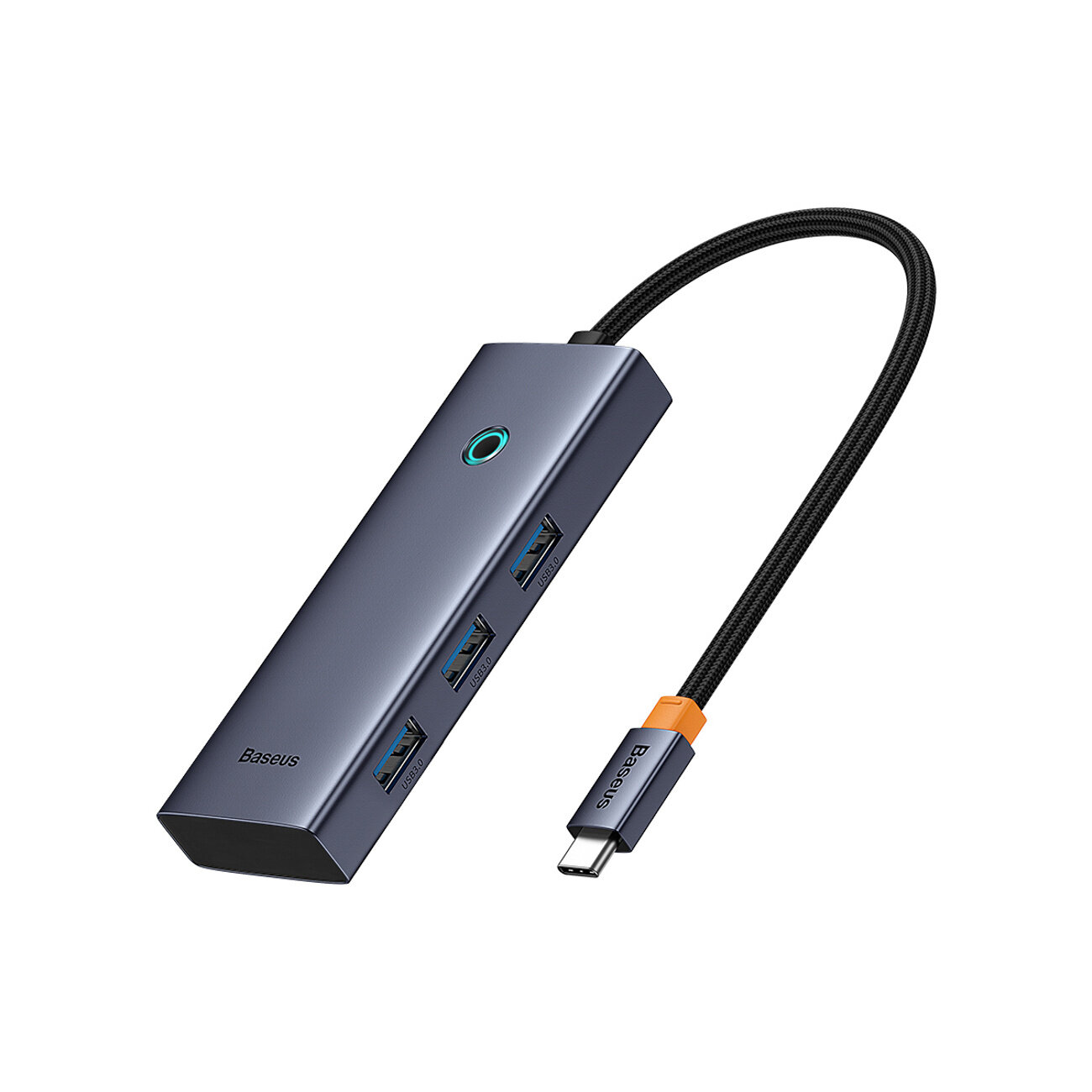 Na obrazie widoczny jest kompaktowy hub USB w kolorze ciemnoszarym z czterema portami USB-A i jednym portem HDMI. Na urządzeniu znajduje się logo \'Baseus\'.