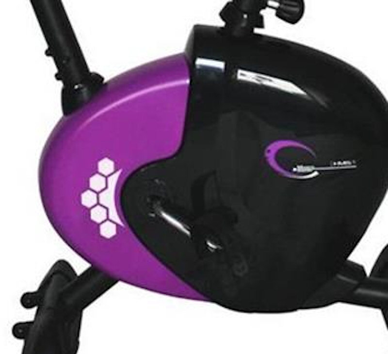 Obraz przedstawia część roweru magnetycznego z fioletową i czarną obudową. Na fioletowej części widoczny jest biały wzór przypominający plastry miodu, a na czarnej części znajduje się logo z napisem \'HMS\'.