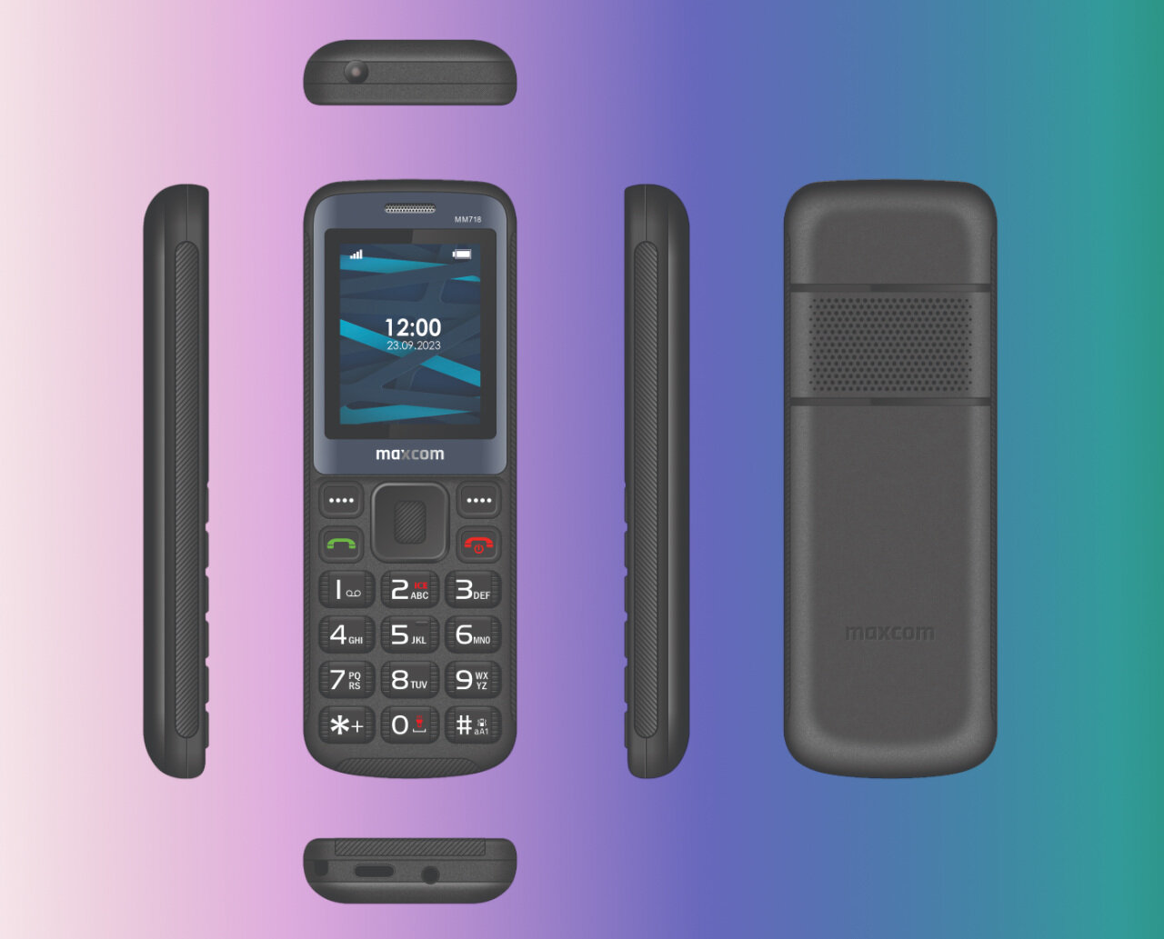 Telefon komórkowy z klasyczną klawiaturą numeryczną, wyświetlaczem pokazującym godzinę 12:00 i datę 23.09.2023. Na obudowie widoczne jest logo \'maxcom\'.