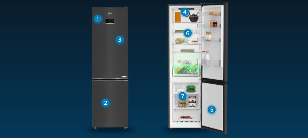 LODÓWKA BEKO B3RCNA404HXBR wizualizacja wnętrze wyposażenie punkty cechy Wyświetlacz elektroniczny Minimalistyczny design test wytrzymałościowy Oświetlenie LED Alarm dźwiękowy szuflady mrożenia półka na butelki