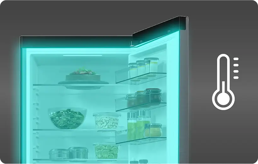 Otwarta lodówka z widocznymi półkami i produktami spożywczymi, obok ikona termometru. Wnętrze lodówki jest podświetlone na niebiesko.