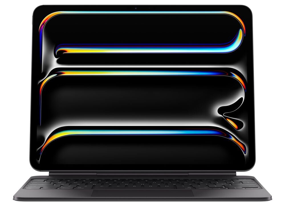 Na obrazie widoczny jest czarny iPad z klawiaturą, na ekranie wyświetlany jest abstrakcyjny wzór z kolorowymi liniami na czarnym tle. Klawiatura jest zintegrowana z etui, które podtrzymuje urządzenie w pozycji pionowej.