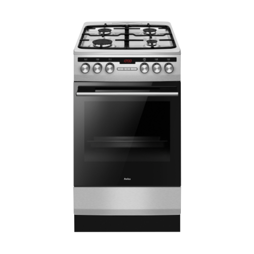 Na obrazie widoczna jest kuchnia gazowo-elektryczna z czterema palnikami na górze i piekarnikiem poniżej. Na panelu sterowania znajdują się pokrętła oraz wyświetlacz cyfrowy z czerwonymi cyframi.