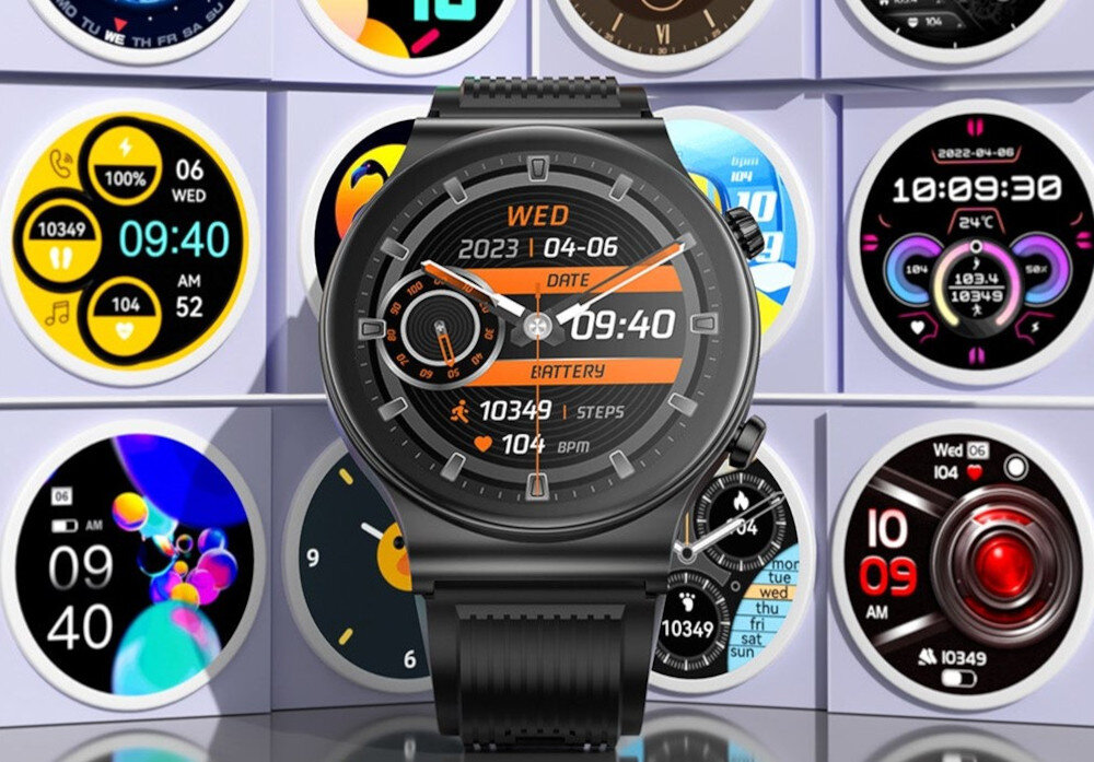 Na obrazie widoczny jest czarny smartwatch z okrągłym wyświetlaczem, na którym pokazana jest data \'2023 | 04-06\', dzień tygodnia \'WED\', godzina \'09:40\', liczba kroków \'10349\' i tętno \'104 BPM\'. W tle znajdują się różne tarcze zegarka z różnymi wzorami i kolorami.