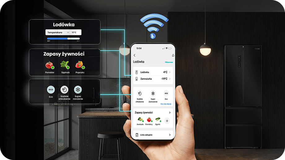 W nowoczesnej kuchni widoczna jest czarna lodówka oraz ręka trzymająca smartfon z aplikacją do zarządzania lodówką. Na ekranie telefonu widoczne są opcje takie jak \'Lodówka\', \'Zamrażarka\', \'Zapasy żywności\' oraz ikony pomidorów, szpinaku i papryki.