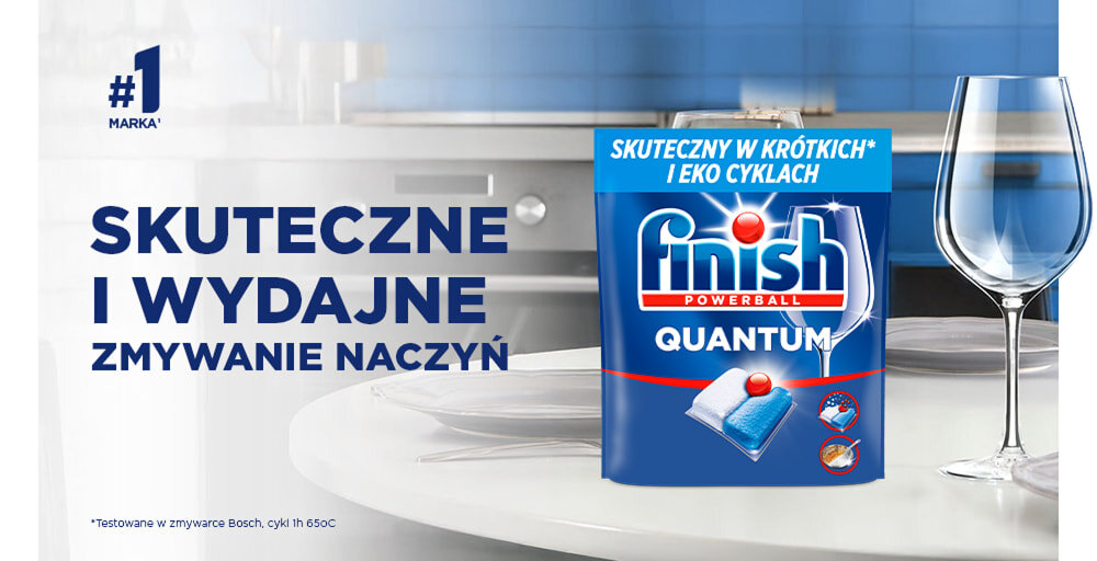 Kapsułki do zmywarek FINISH Powerball Quantum All in 1 Lemon - 140 szt., czystość, woda, zmywarka, naczynia, Środek do zmywania naczyń na blacie w jasnej kuchni.