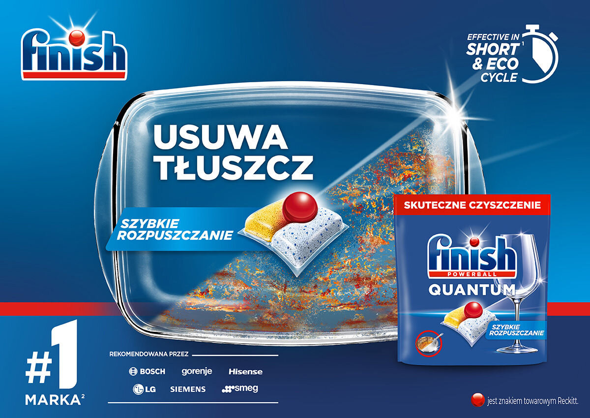 Obraz przedstawia opakowanie kapsułek do zmywarki marki Finish z napisem \'USUWA TŁUSZCZ\' oraz \'SZYBKIE ROZPUSZCZANIE\'. Widoczne są również logotypy marek Bosch, Gorenje, Hisense, LG, Siemens i Smeg oraz napis \'#1 MARKA\'.