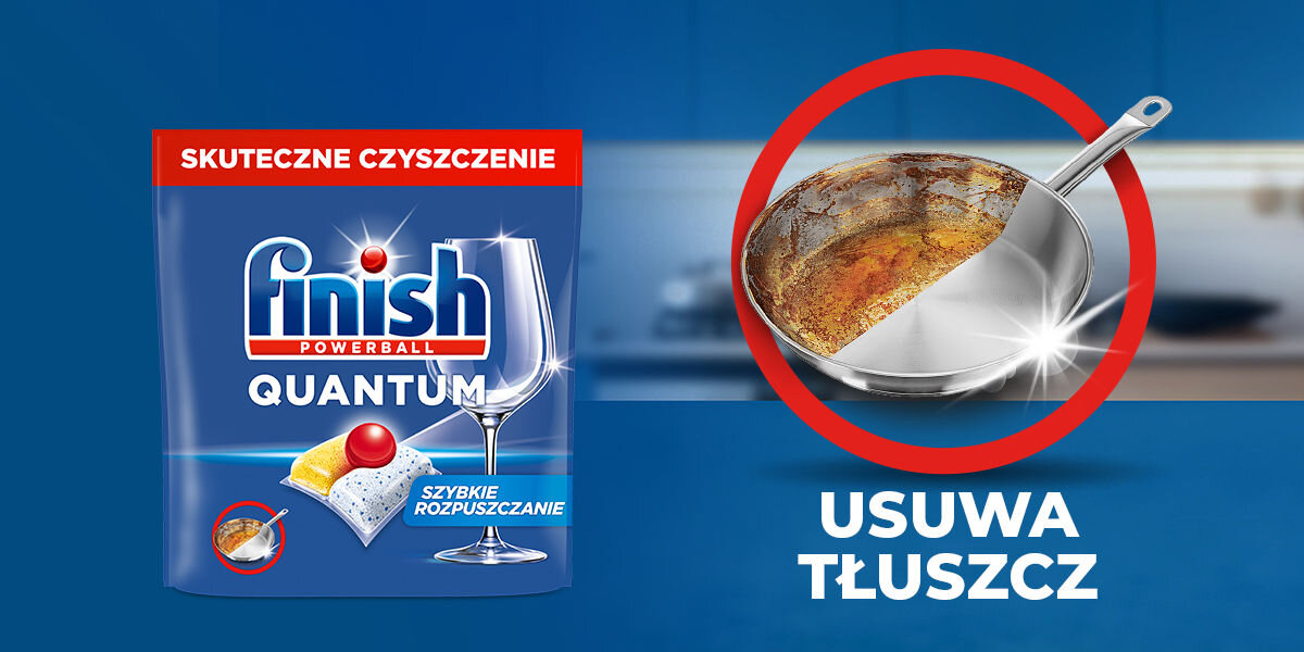 Opakowanie kapsułek do zmywarki Finish Powerball Quantum z napisem \'Skuteczne czyszczenie\' i \'Szybkie rozpuszczanie\'. Obok znajduje się obrazek patelni z napisem \'Usuwa tłuszcz\'.