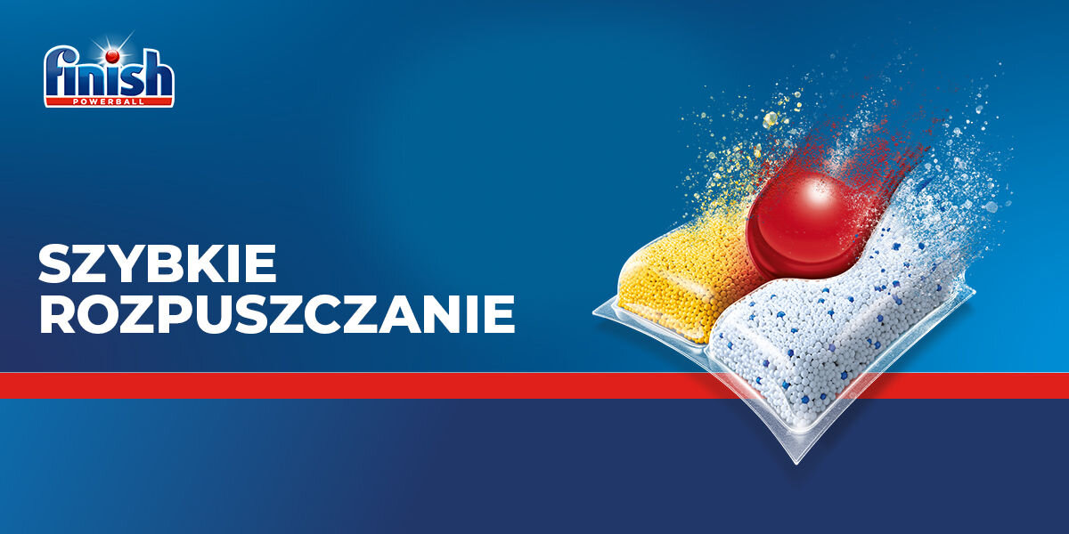 Obraz przedstawia kapsułkę do zmywarki z czerwonym, żółtym i niebieskim elementem na niebieskim tle. Widoczny jest tekst \'SZYBKIE ROZPUSZCZANIE\' oraz logo \'finish\'.