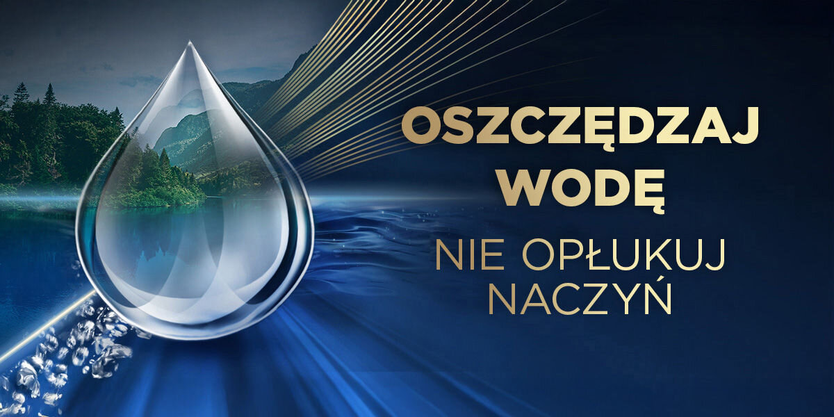 Obraz przedstawia dużą kroplę wody na tle krajobrazu z lasem i górami. Obok znajduje się tekst: \'OSZCZĘDZAJ WODĘ NIE OPŁUKUJ NACZYŃ\'.