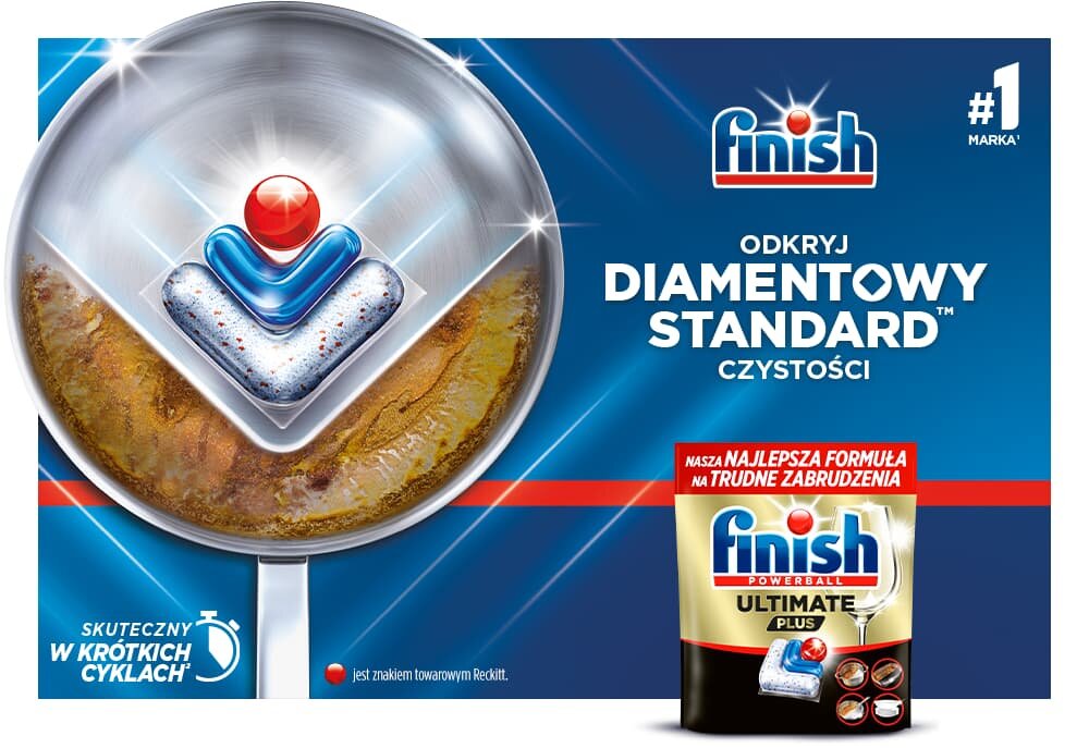 Kapsułki do zmywarki FINISH Powerball Ultimate Plus All in 1 Lemon - 120 szt., woda, czysztość, mycie, płyn, Brudna i czysta patelnia obok opakowania kapsułek.