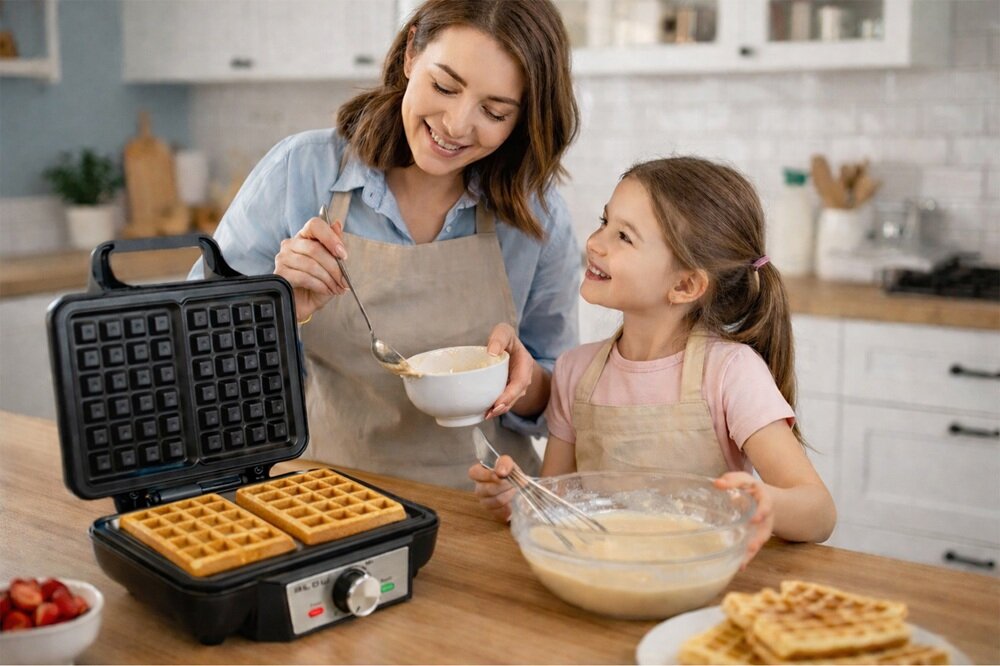 Na blacie kuchennym stoi gofrownica z dwoma gotowymi goframi. Obok znajdują się dwie osoby przygotowujące ciasto w misce.
