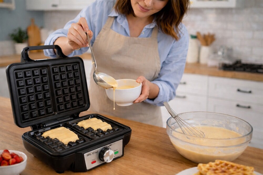 Osoba nalewa ciasto do gofrownicy BLOW WM-2200, która stoi na blacie kuchennym. Obok znajduje się miska z ciastem i trzepaczką.