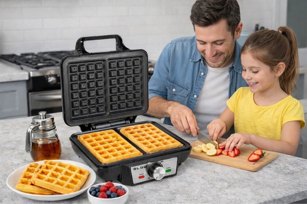 Na blacie kuchennym stoi gofrownica z dwoma gotowymi goframi, obok leży talerz z owocami i syropem. Na urządzeniu widoczny jest napis \'BLOW\'.