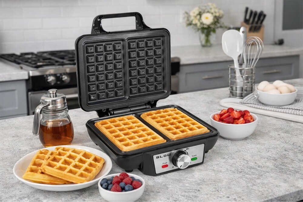 Na blacie kuchennym znajduje się gofrownica z otwartą pokrywą, w której są dwa gofry. Obok leżą miski z owocami, dzbanek z syropem i inne akcesoria kuchenne.