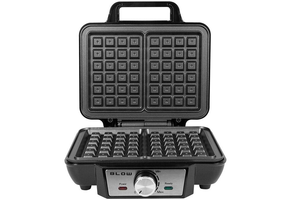 Gofrownica z otwartą pokrywą, posiadająca dwie powierzchnie do pieczenia z kwadratowymi wgłębieniami. Na panelu przednim widoczne są napisy: \'BLOW\', \'Power\', \'Ready\', oraz pokrętło z oznaczeniami \'Min\' i \'Max\'.