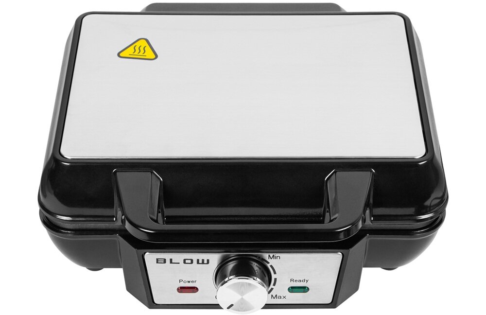 Na obrazie widoczna jest gofrownica z metalową pokrywą i czarną obudową. Na przednim panelu znajduje się pokrętło z oznaczeniami \'Min\' i \'Max\', oraz wskaźniki \'Power\' i \'Ready\'.