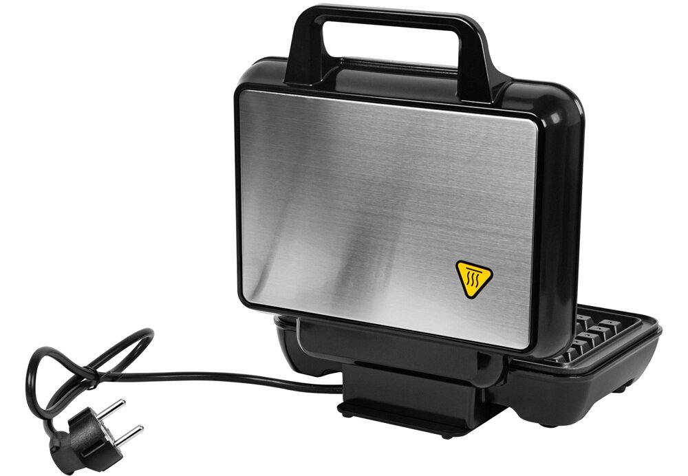 Gofrownica z metaliczną obudową i czarnymi elementami, posiada żółty symbol pary. Widoczny jest przewód z wtyczką elektryczną.