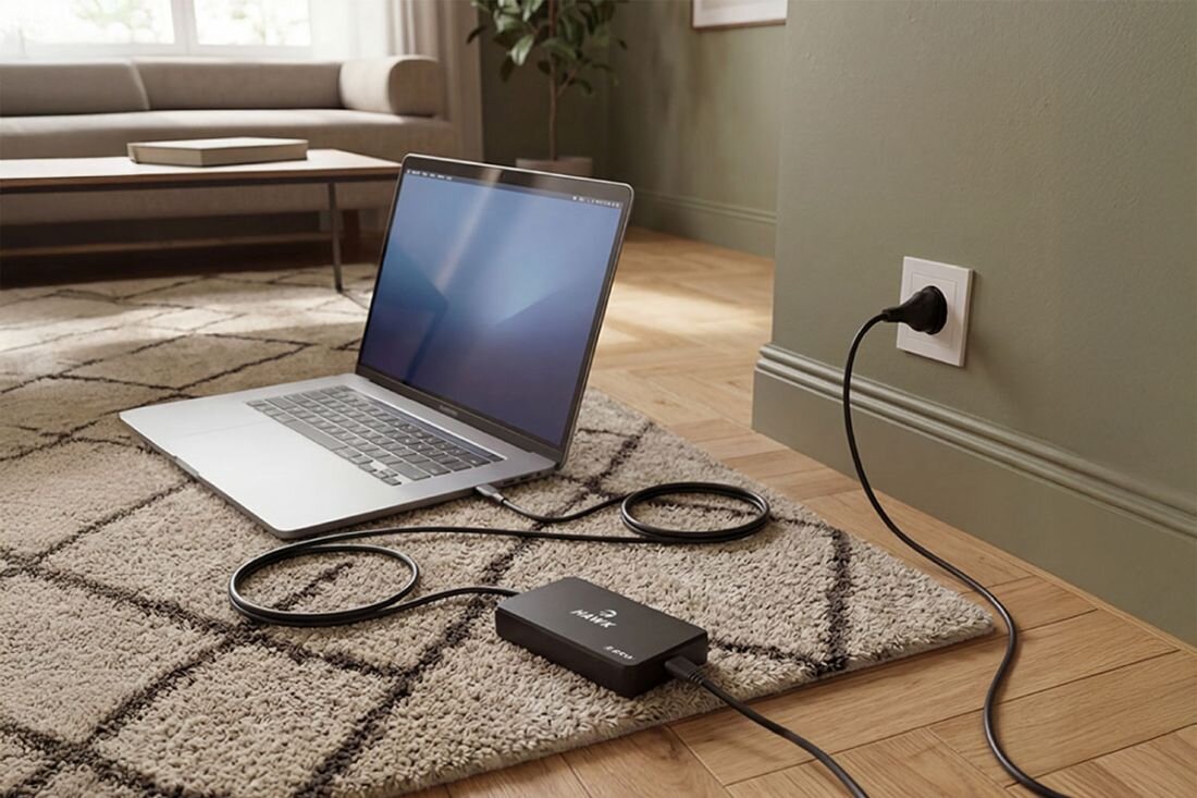 Laptop podłączony do zasilacza HAWK USB‑C GaN leży na dywanie, umożliwiając elastyczną pracę zdalną w salonie - USB-C Power Delivery 3.0