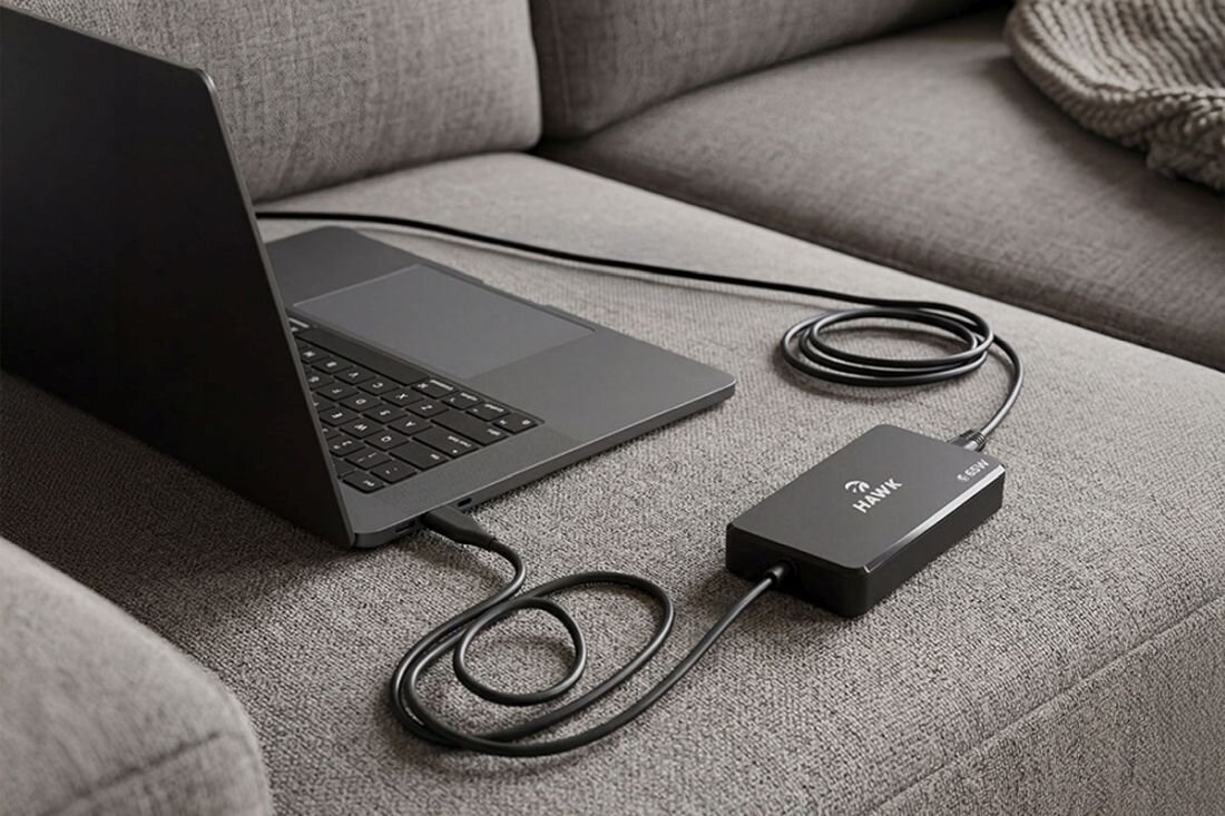 Laptop ładowany zasilaczem HAWK USB‑C GaN na kanapie zapewnia mobilność i wygodę pracy domowej - Technologia GaN