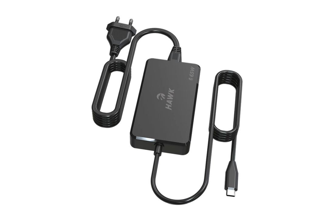 Zasilacz HAWK USB‑C GaN z przewodem i wtyczką sieciową pokazany na białym tle jako rozwiązanie do pracy biurowej - Przewód DC kabel AC z wtyczką EU 
