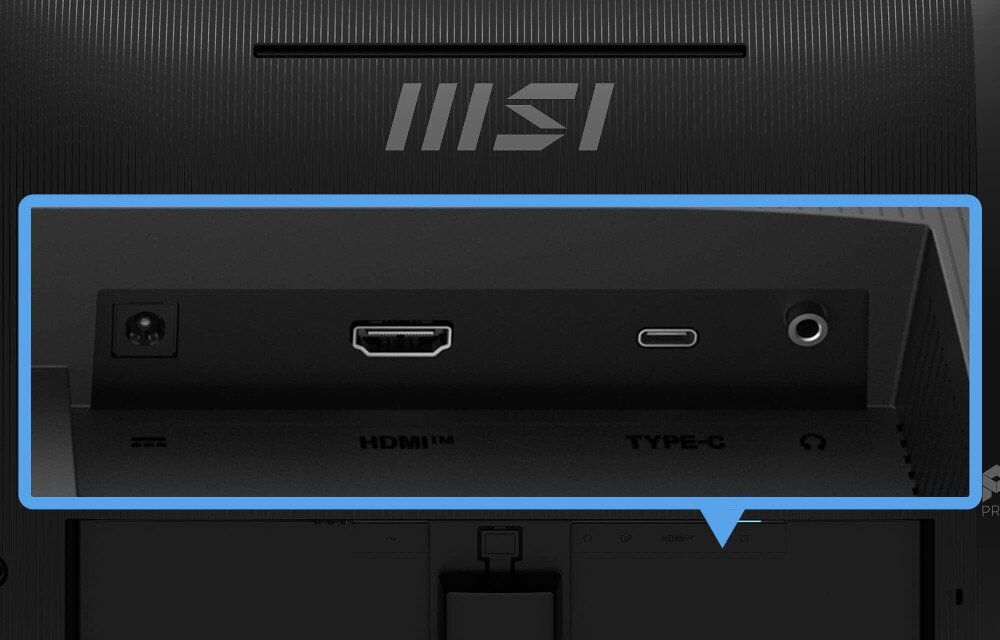 Monitor MSI Pro MP272 E14C Zbliżenie na dolny panel portów monitora, zawierający gniazdo zasilania, port HDMI, port USB Type-C oraz wyjście słuchawkowe mini-jack, porty, złacza