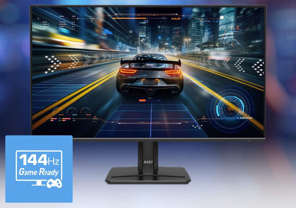 Monitor MSI Pro MP272 E14C Monitor z wyświetloną dynamiczną sceną z gry wyścigowej oraz niebieską ikoną w rogu z napisem '144Hz Game Ready', odświeżanie, czas reakcji, kolory