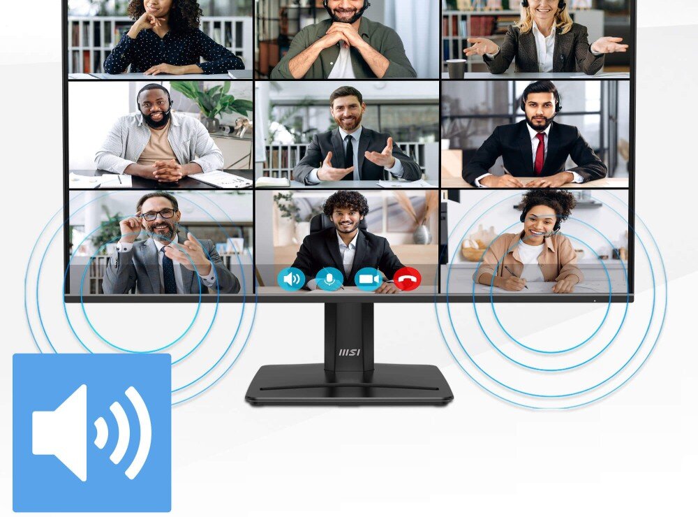 Monitor MSI Pro MP272 E14C Monitor wyświetlający widok dziewięciu uczestników wideokonferencji, z nałożoną ikoną głośnika i rozchodzącymi się falami dźwiękowymi u dołu ekranu, głośniki, moc, audio