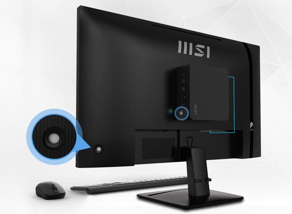 Monitor MSI Pro MP272 E14C Tył obudowy monitora z widocznym przyciskiem zasilania, kablem oraz zamontowanym komputerem mini-PC z zaznaczoną ikoną zasilania, funkcje, mocowanie VESA, Power Link