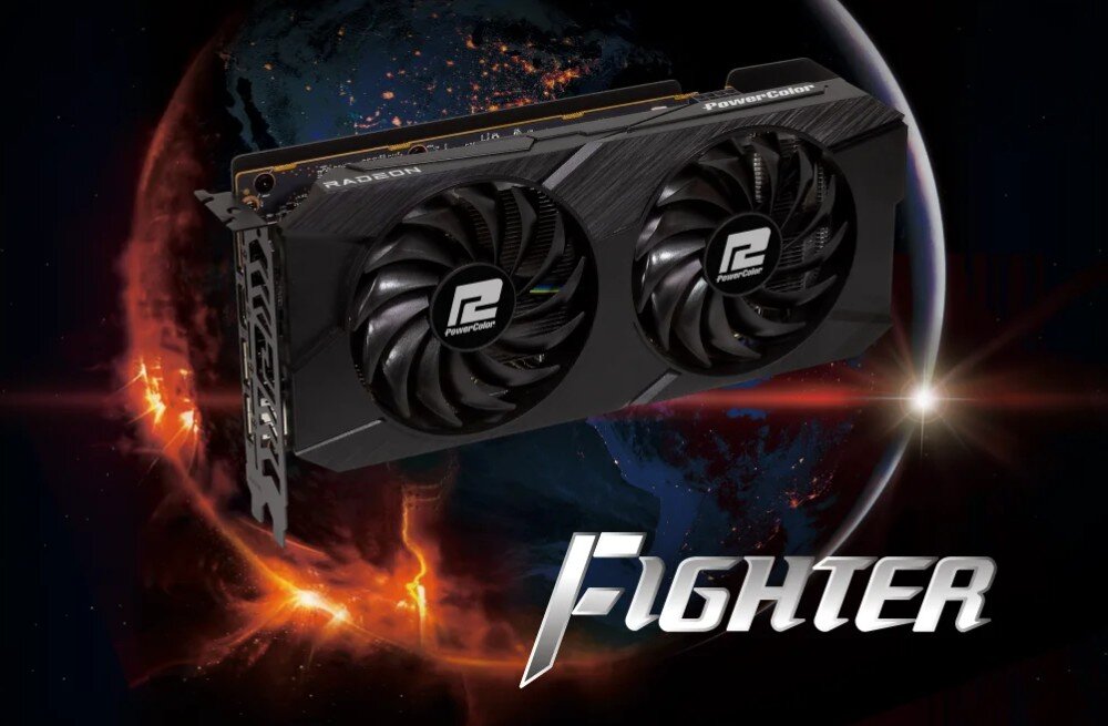 Komputer MAD DOG ENDORFY-M30AIR-A02DB32 Widoczna karta graficzna z dwoma dużymi wentylatorami i napisem 'PowerColor' oraz 'RADEON', ustawiona na tle Ziemi widzianej z kosmosu. Na dole grafiki znajduje się napis 'Fighter', karta graficzna, architektura, wydajność