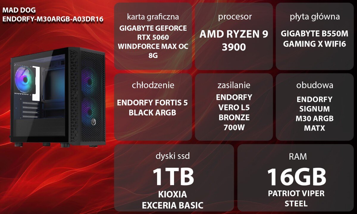 Komputer MAD DOG ENDORFY-M30ARGB-A03DR16 kobieta w siedzi przy biurku i gra w grę komputerową na dużym monitorze. Ma na uszach czarne słuchawki z podświetlonym zielonym logo, a jej dłonie spoczywają na podświetlonej klawiaturze i myszce. Obok monitora stoi czarna obudowa komputerowa z przeszklonym bokiem