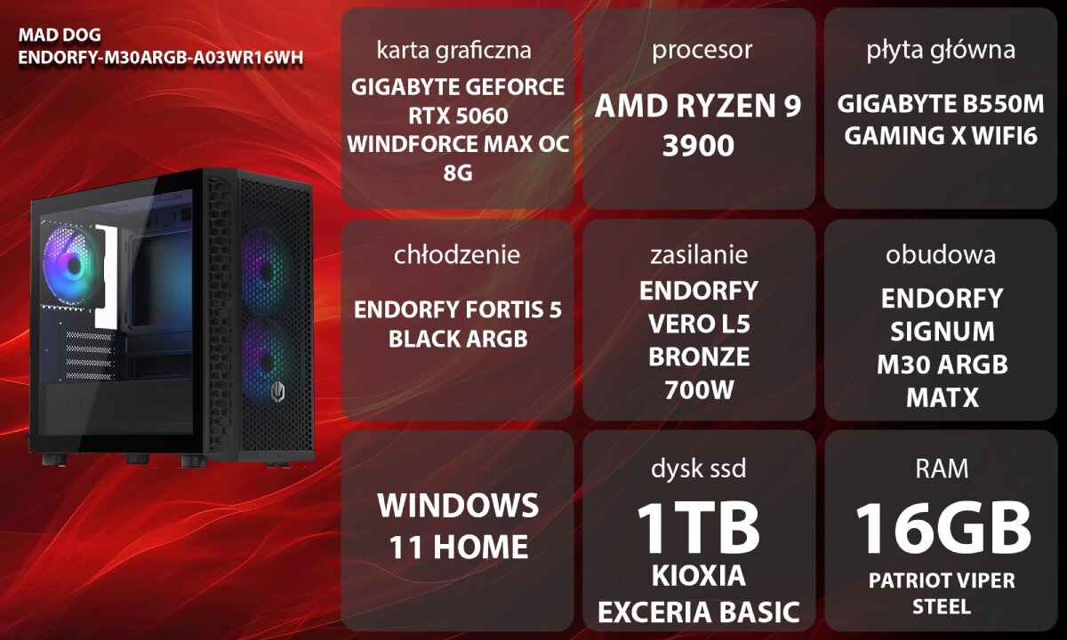 Komputer MAD DOG ENDORFY-M30ARGB-A03WR16WH kobieta w siedzi przy biurku i gra w grę komputerową na dużym monitorze. Ma na uszach czarne słuchawki z podświetlonym zielonym logo, a jej dłonie spoczywają na podświetlonej klawiaturze i myszce. Obok monitora stoi czarna obudowa komputerowa z przeszklonym bokiem