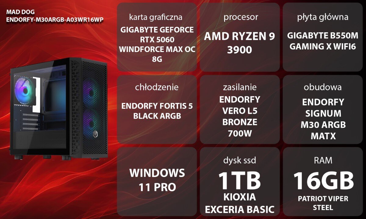 Komputer MAD DOG ENDORFY-M30ARGB-A03WR16WP kobieta w siedzi przy biurku i gra w grę komputerową na dużym monitorze. Ma na uszach czarne słuchawki z podświetlonym zielonym logo, a jej dłonie spoczywają na podświetlonej klawiaturze i myszce. Obok monitora stoi czarna obudowa komputerowa z przeszklonym bokiem