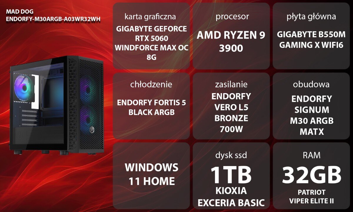 Komputer MAD DOG ENDORFY-M30ARGB-A03WR32WH kobieta w siedzi przy biurku i gra w grę komputerową na dużym monitorze. Ma na uszach czarne słuchawki z podświetlonym zielonym logo, a jej dłonie spoczywają na podświetlonej klawiaturze i myszce. Obok monitora stoi czarna obudowa komputerowa z przeszklonym bokiem